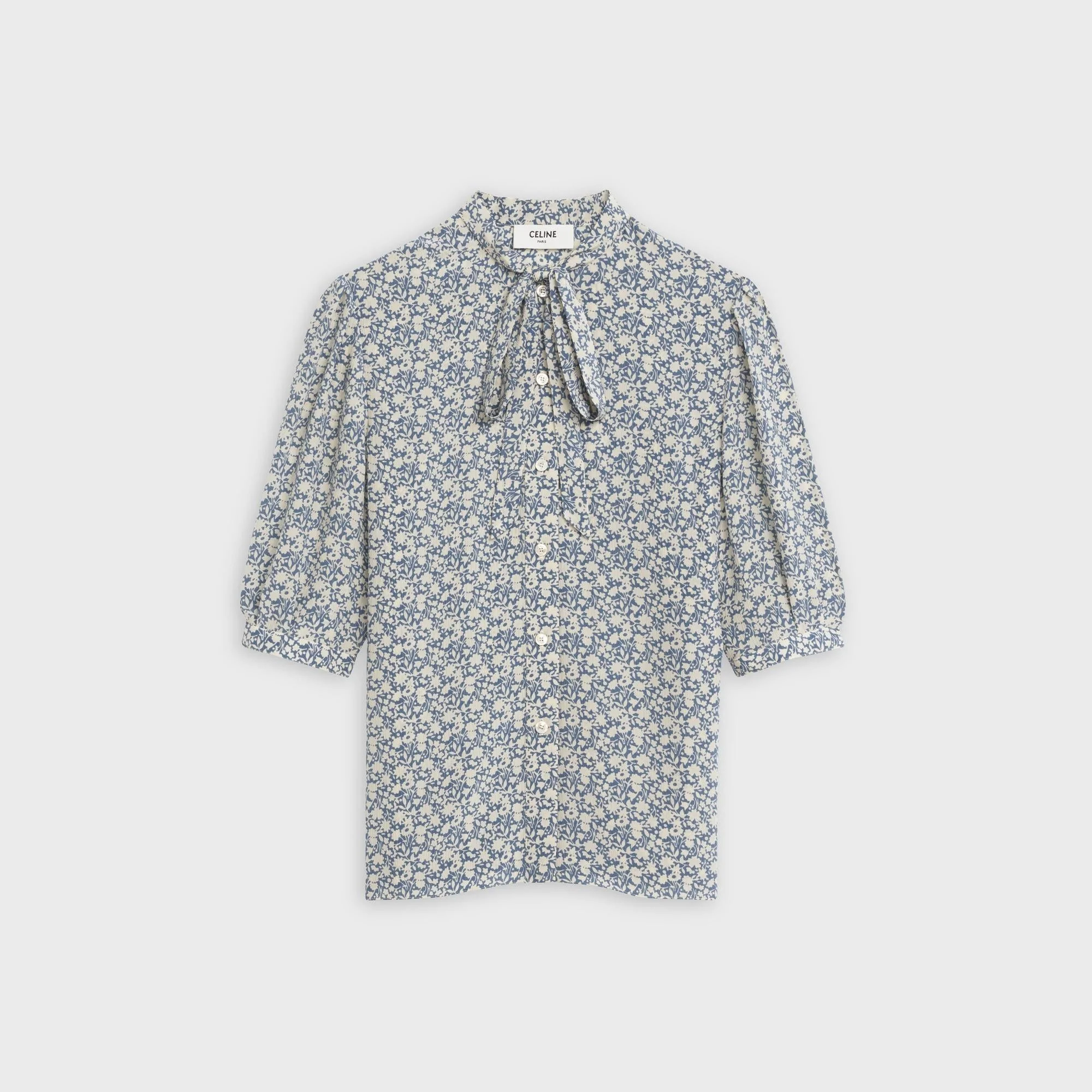 Bowl Blouse With Balloon Sleeves - Blue/Off White
