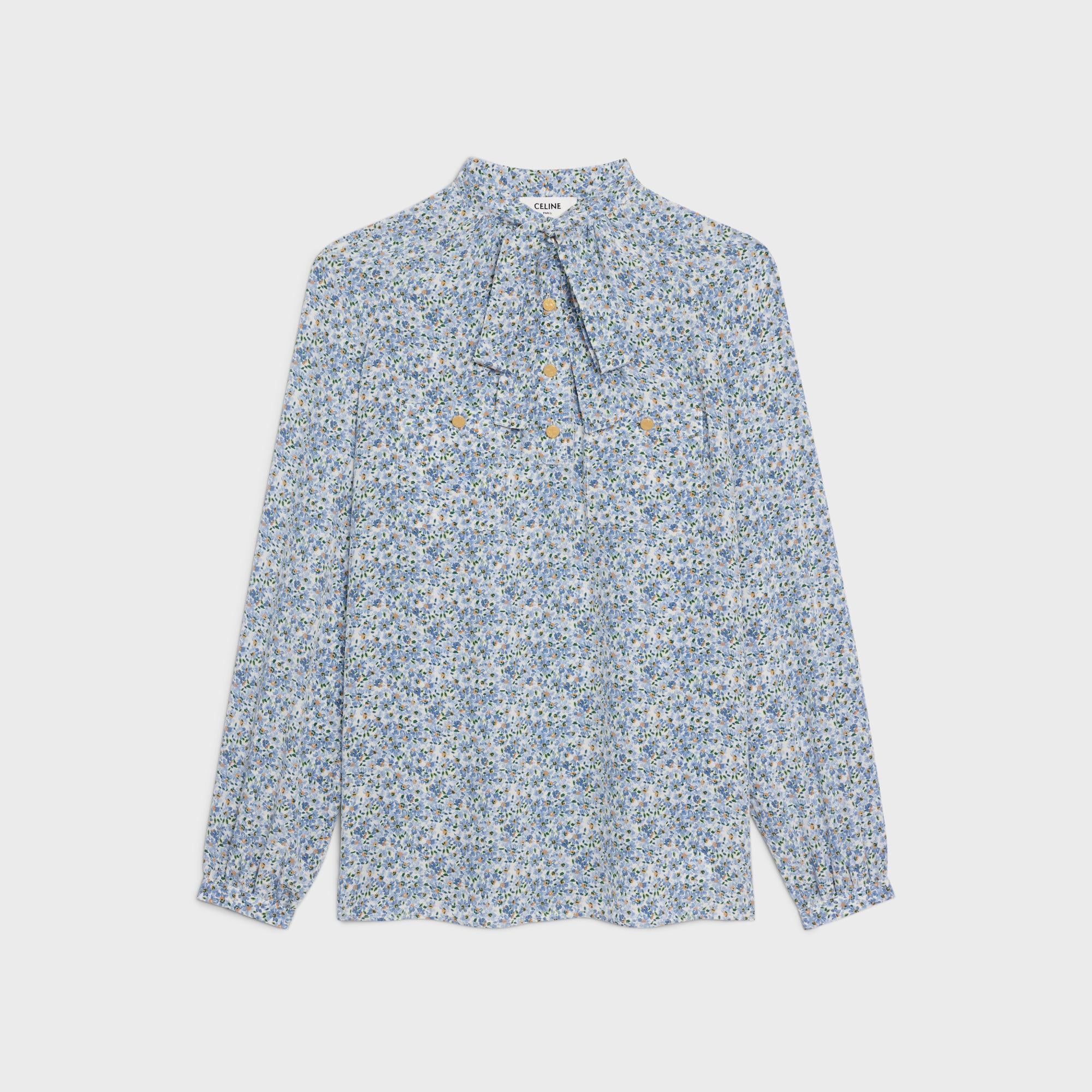 Fine Lavalliere Blouse With Pockets - Off White/Blue