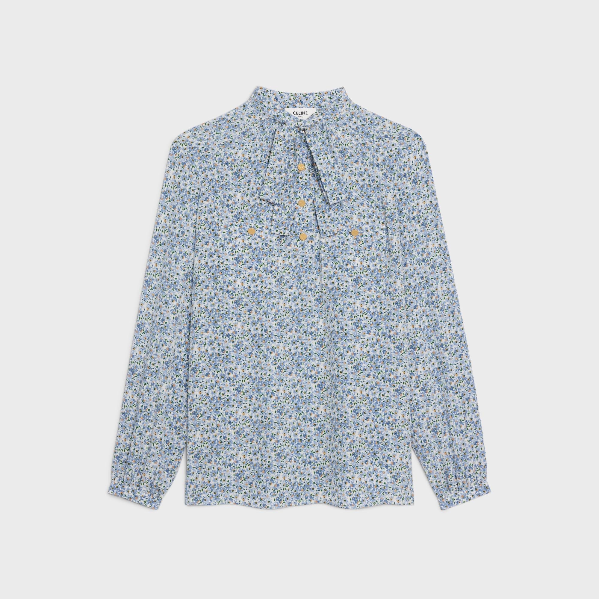 Fine Lavalliere Blouse With Pockets - Off White/Blue