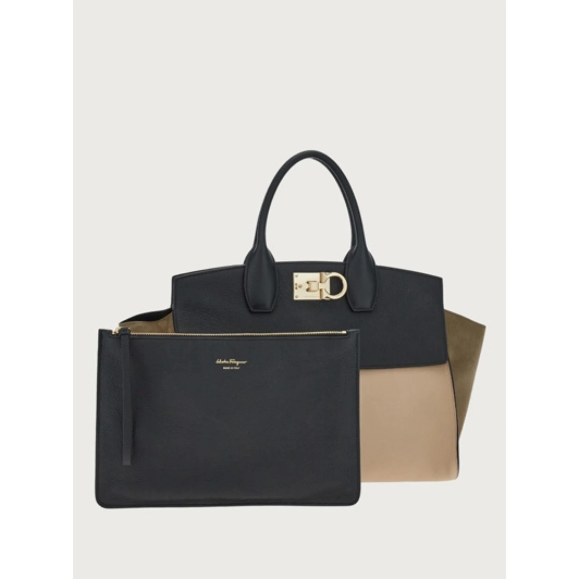 Ferragamo Studio Large Soft Bag - Deer/Black/Olive - Image 2