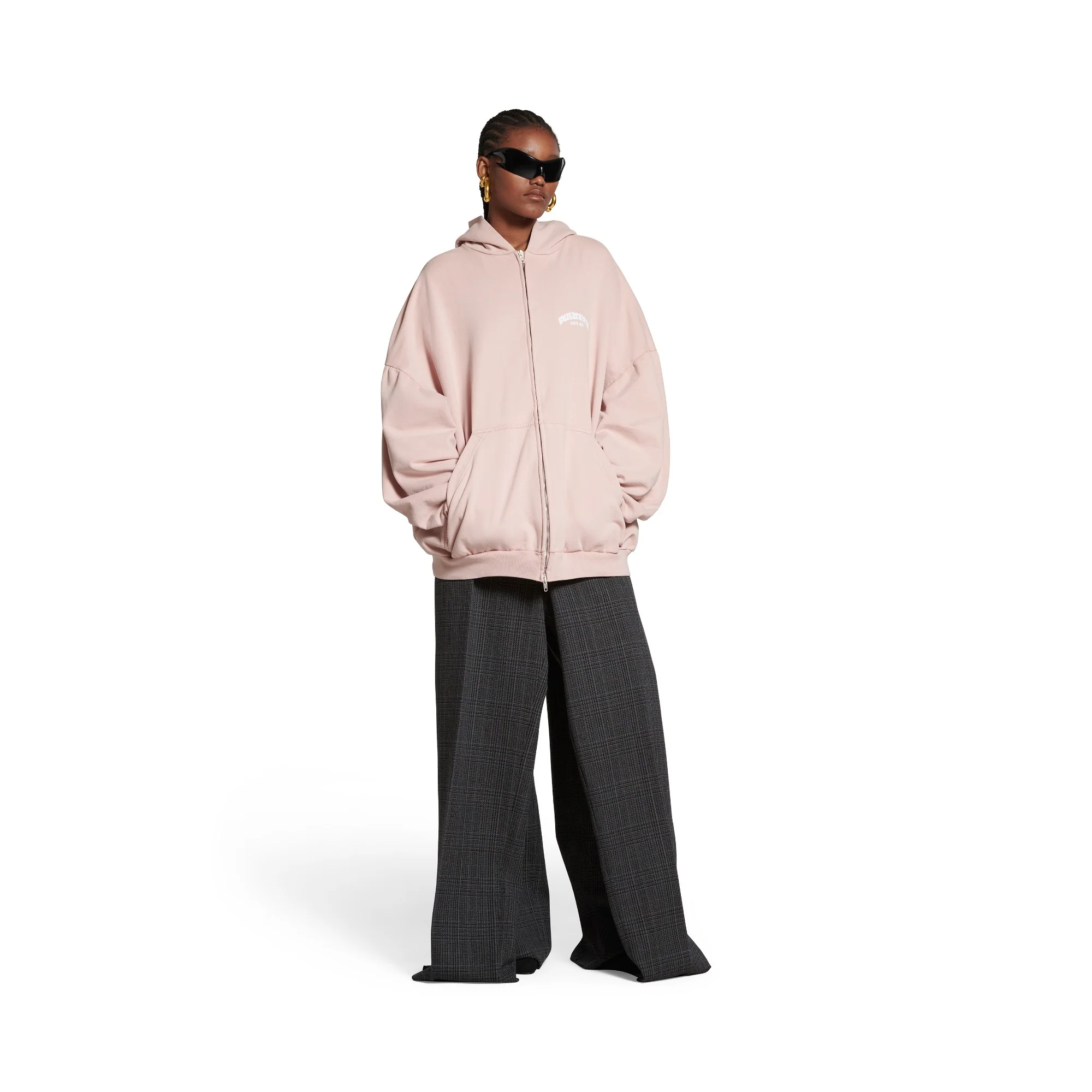 Round Zip-Up Hoodie - Light Pink/White - Image 3