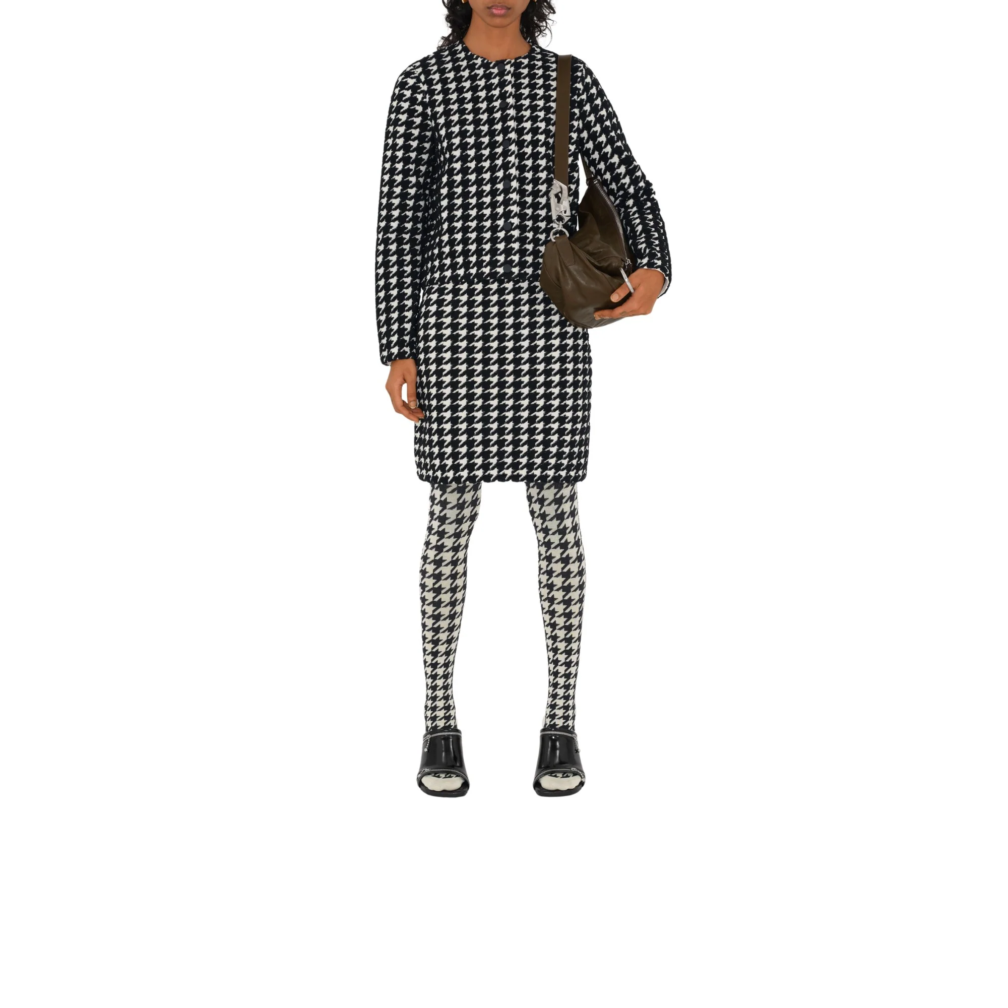 Houndstooth Nylon Blend Cardigan - Black IP Pattern - Image 2