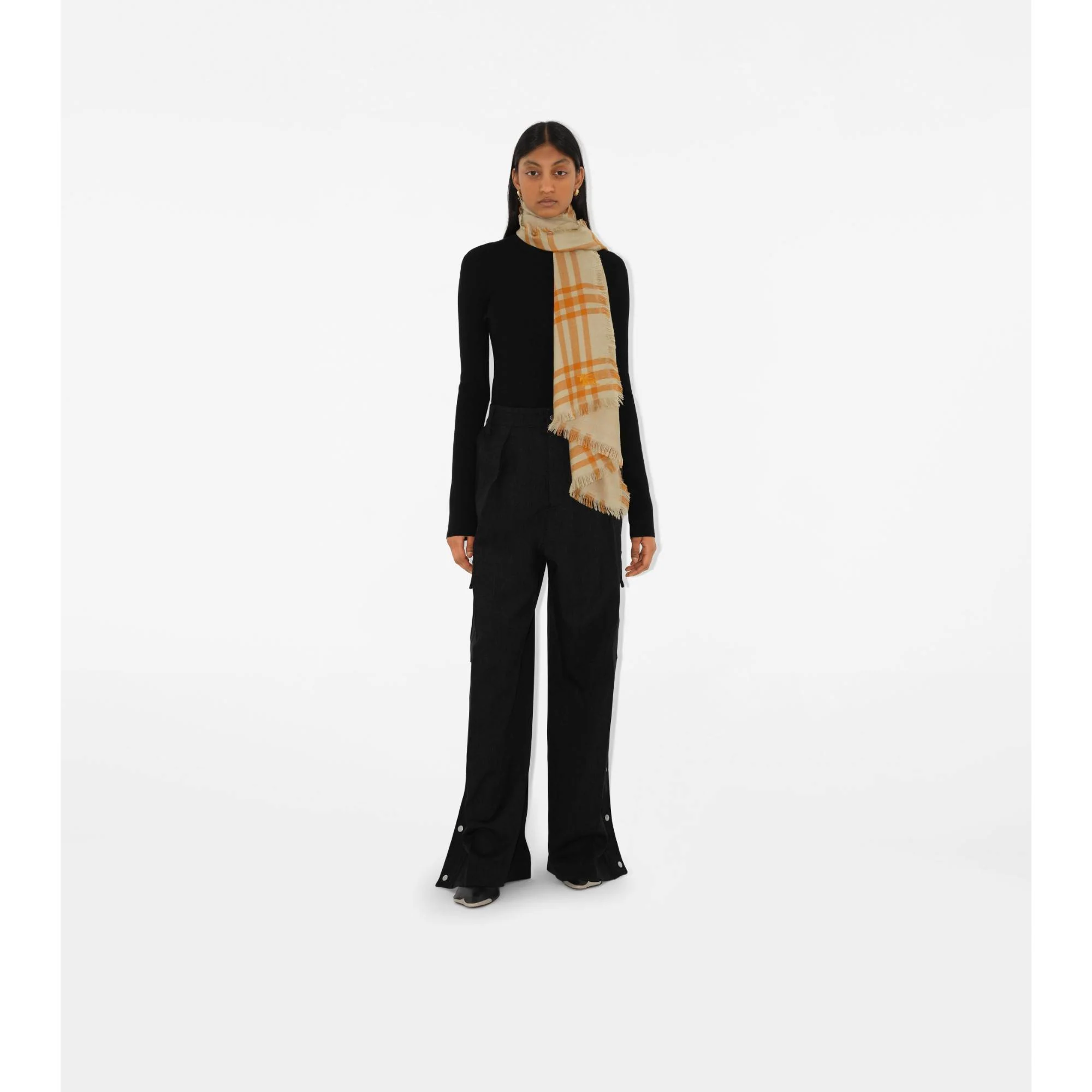 Reversible Check Wool Silk Scarf - Hunter/Pumpkin - Image 2