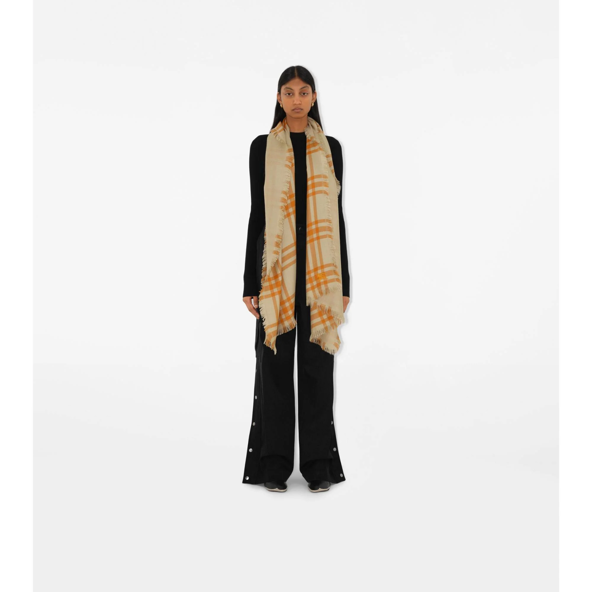 Reversible Check Wool Silk Scarf - Hunter/Pumpkin - Image 3